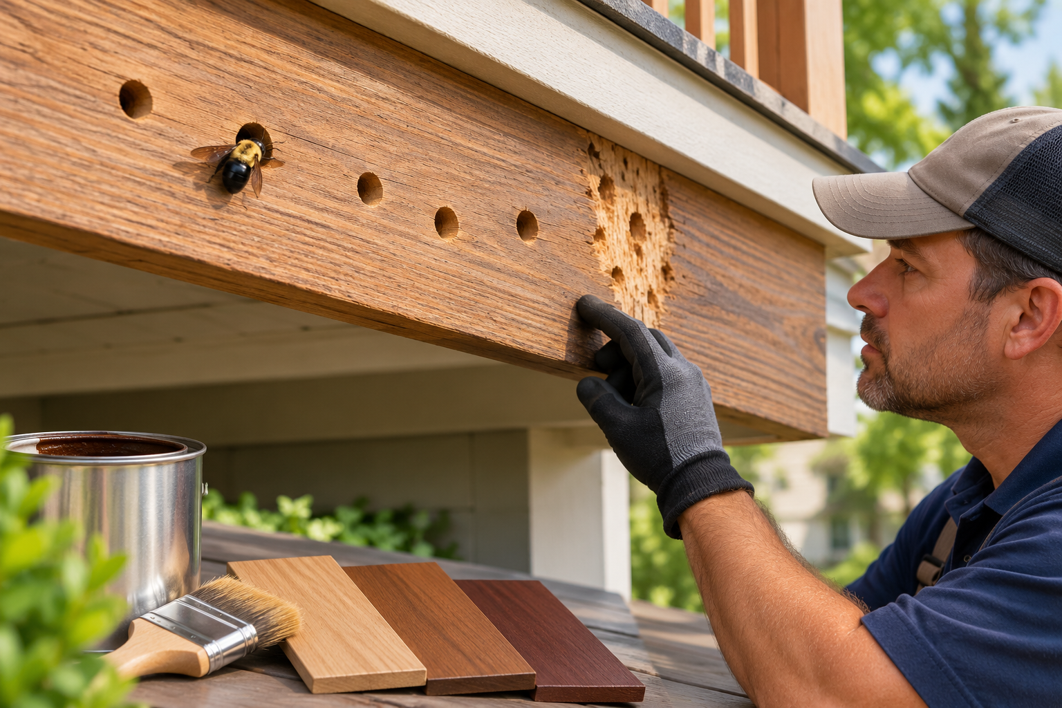 Carpenter bee and repeated galleries in exterior wood being inspected alongside finish and repair options