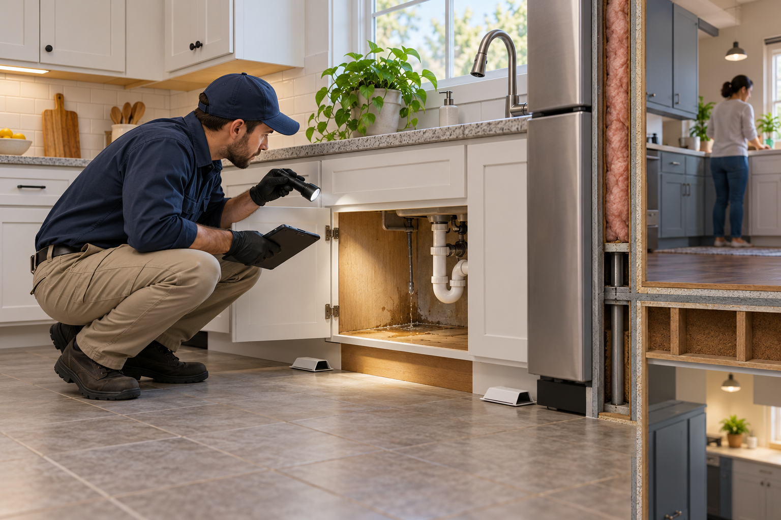 Cockroach inspection with monitoring traps near a plumbing source and an adjoining unit in view