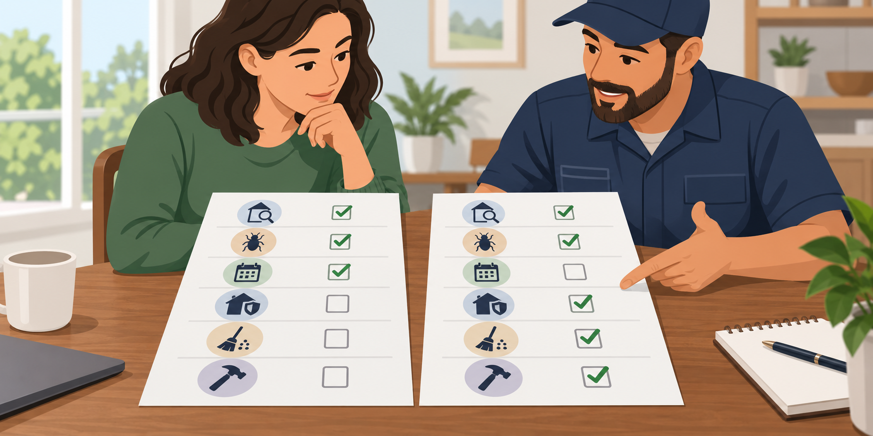 Homeowner and pest professional comparing two proposals with different inspection, follow-up, exclusion, cleanup, and repair inclusions