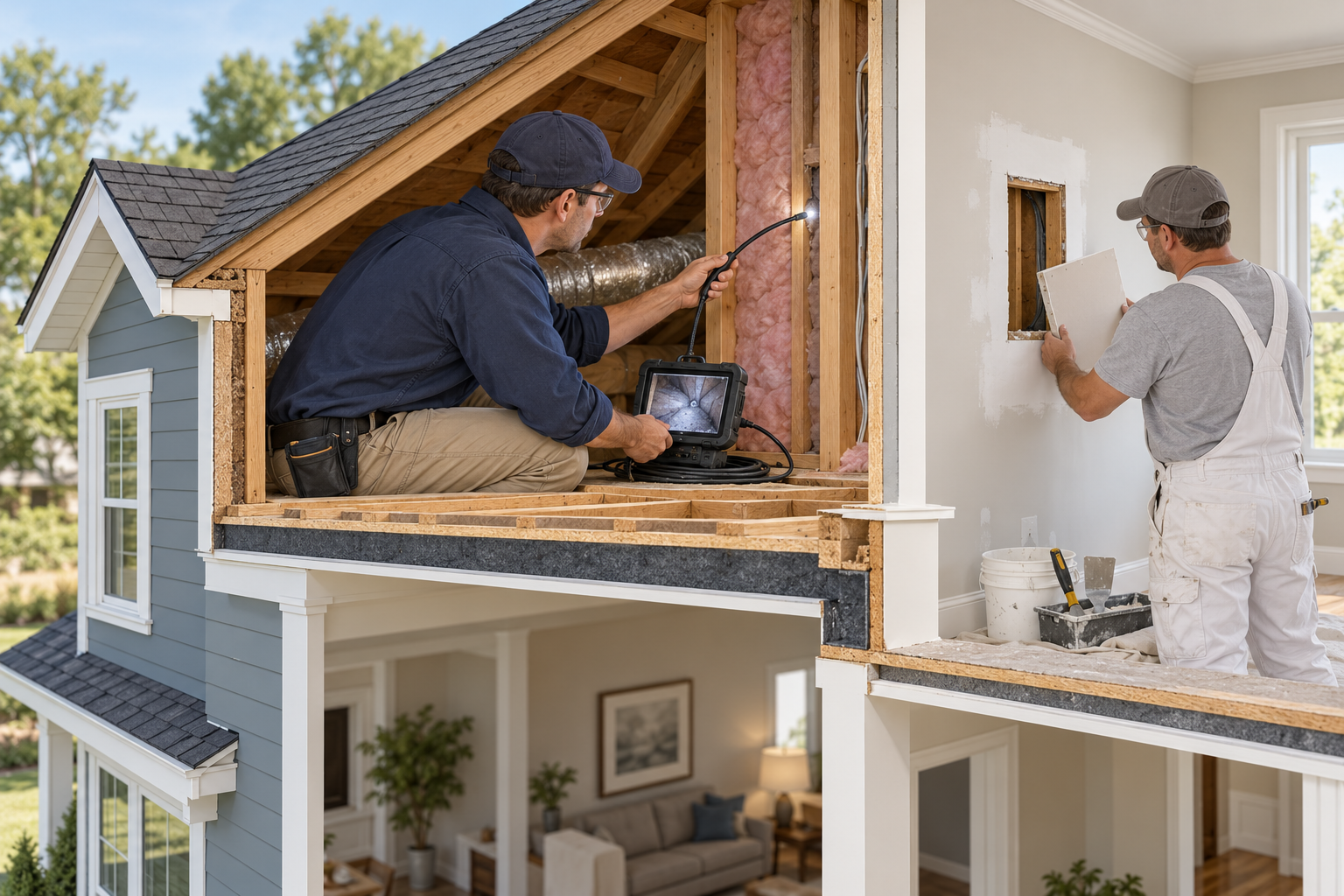 A professional uses an inspection camera to locate a source in an attic cavity while a separate worker prepares a wall opening for repair.