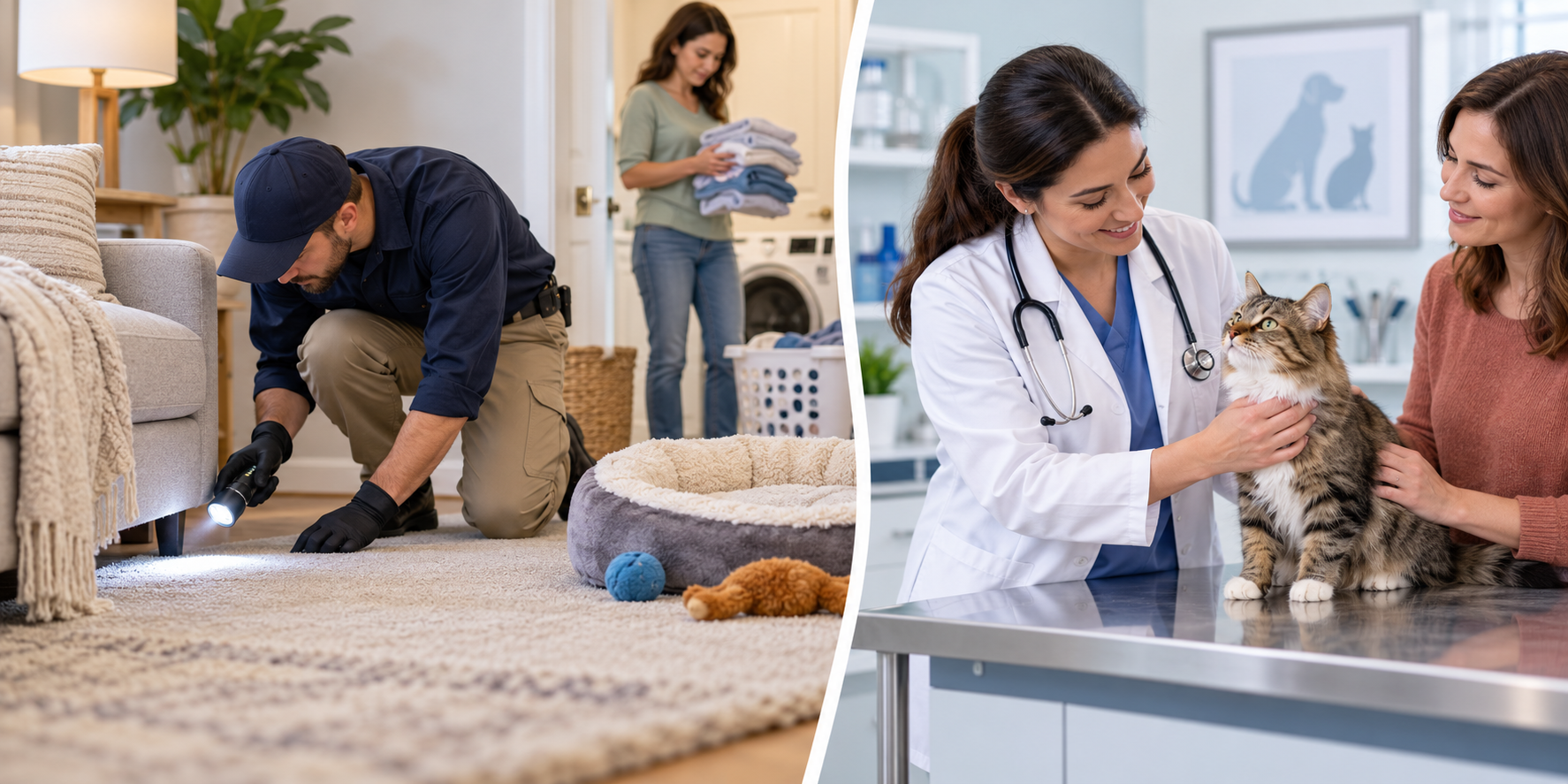 Separate home inspection and veterinary care scopes being coordinated for a household with a pet