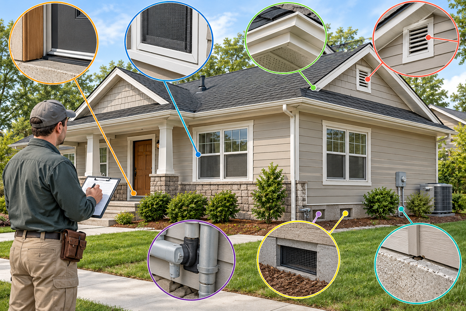 Home exclusion survey highlighting doors, screens, roofline, vents, foundation, and utility entry points