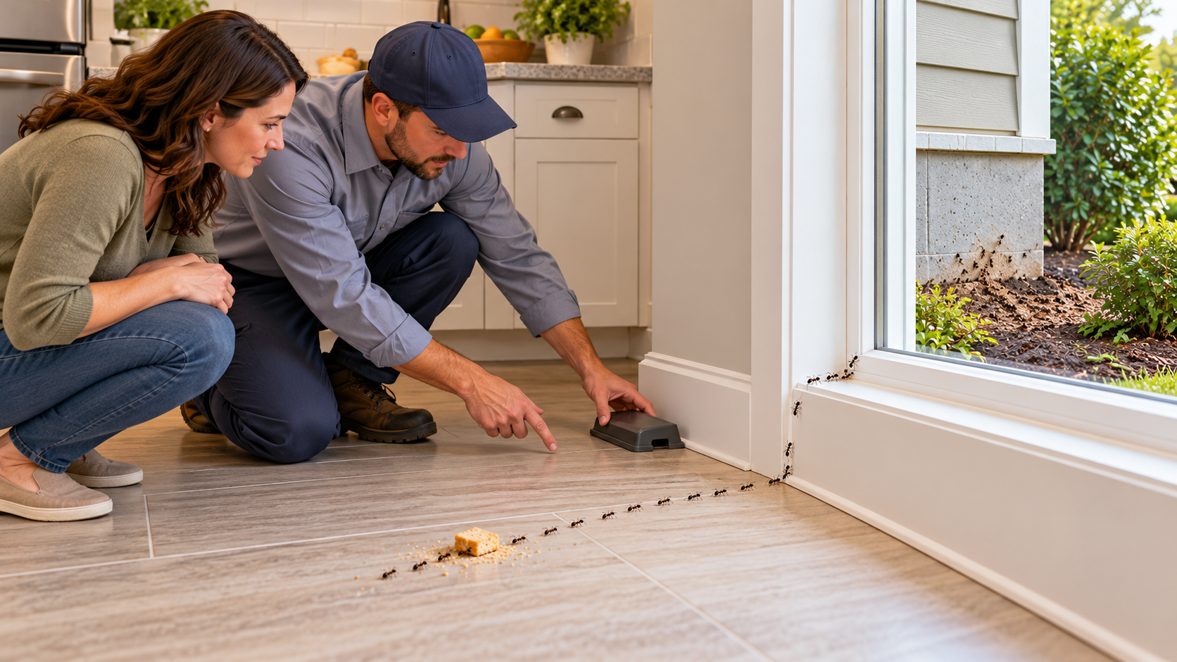 Homeowner and pest professional tracing a household ant route from a food source toward an entry point and monitoring station