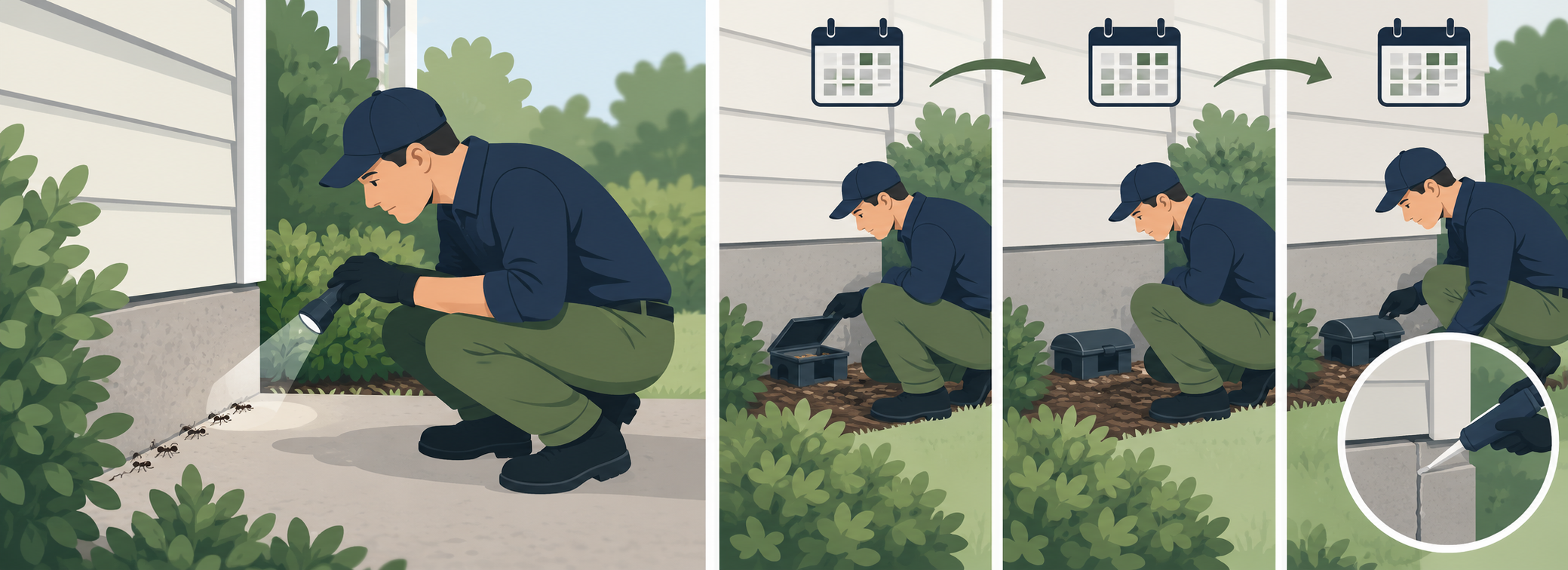 Illustration contrasting a single pest inspection with spaced recurring monitoring visits and separate one-time entry sealing