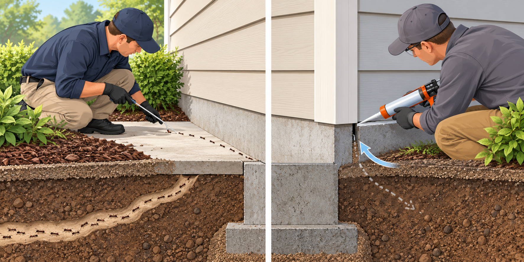 Two pest-control scopes shown side by side: addressing current ants and correcting a small exterior access gap