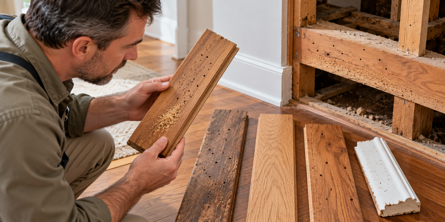 Inspector comparing powderpost beetle exit holes and frass across wood pieces and exposed framing