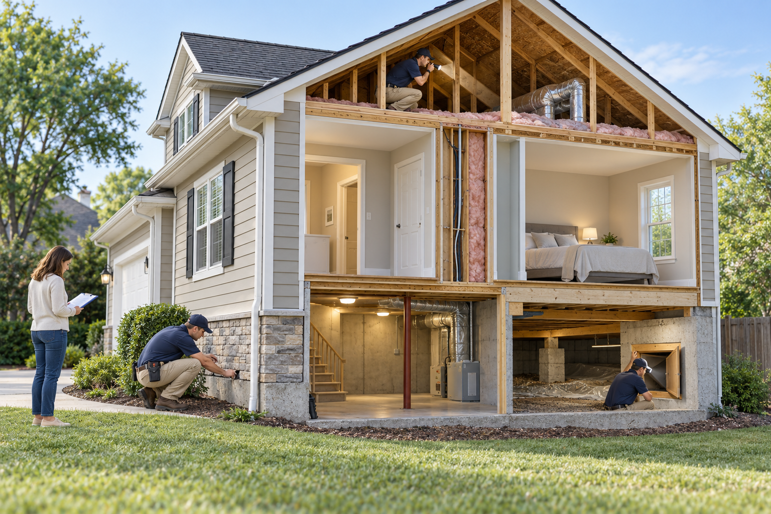 Cutaway view of a pest inspection showing accessible home areas and concealed spaces that a visual visit may not verify