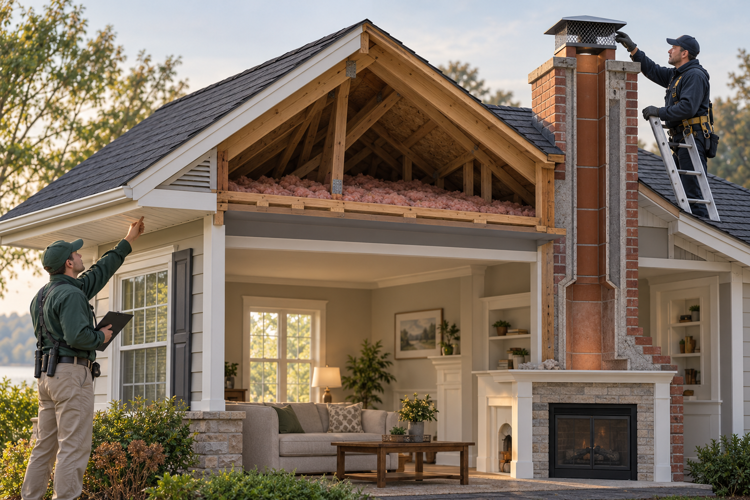 A house cutaway shows separate attic roofline and chimney inspection work that can affect a raccoon-removal project.
