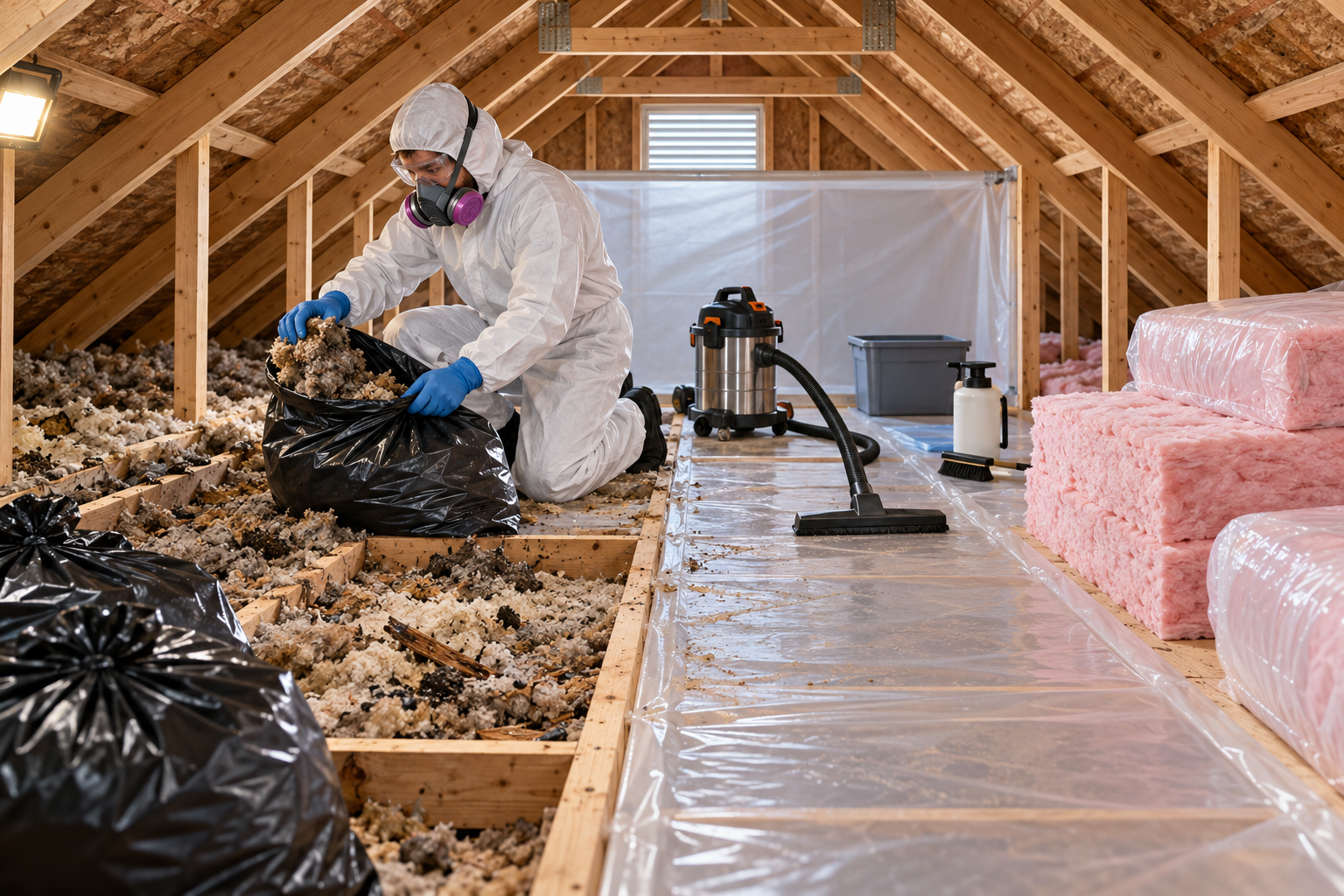 A professional separates contaminated attic insulation for removal from clean replacement insulation and protected work areas.