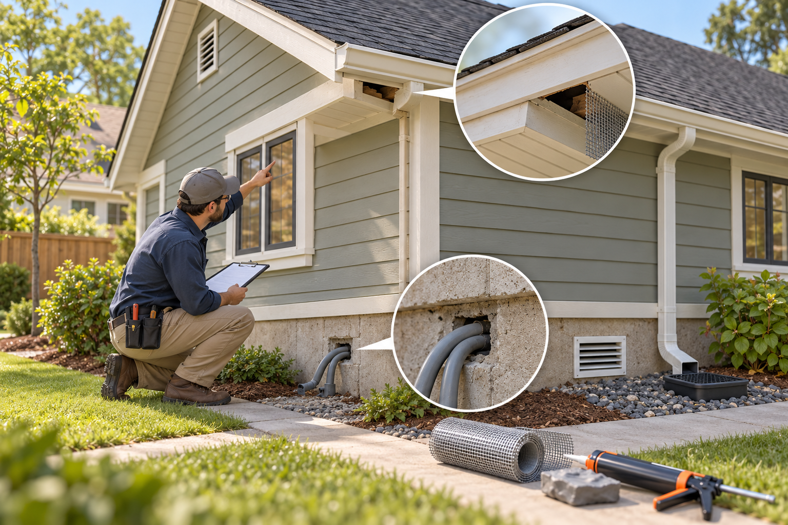 A building professional checks roofline and foundation openings during a rodent-exclusion inspection.
