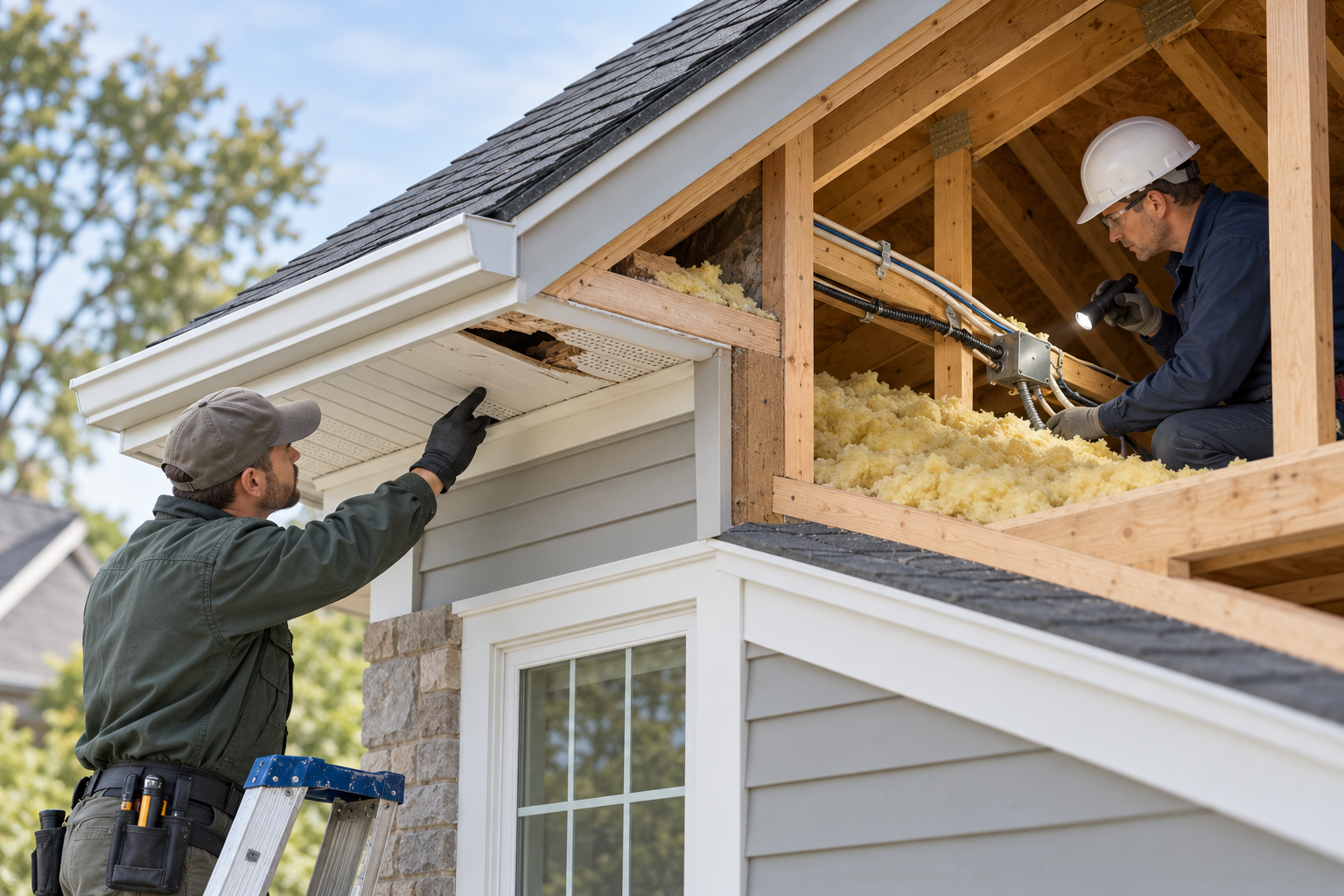 A professional inspects a damaged soffit while a separate electrician checks attic wiring.
