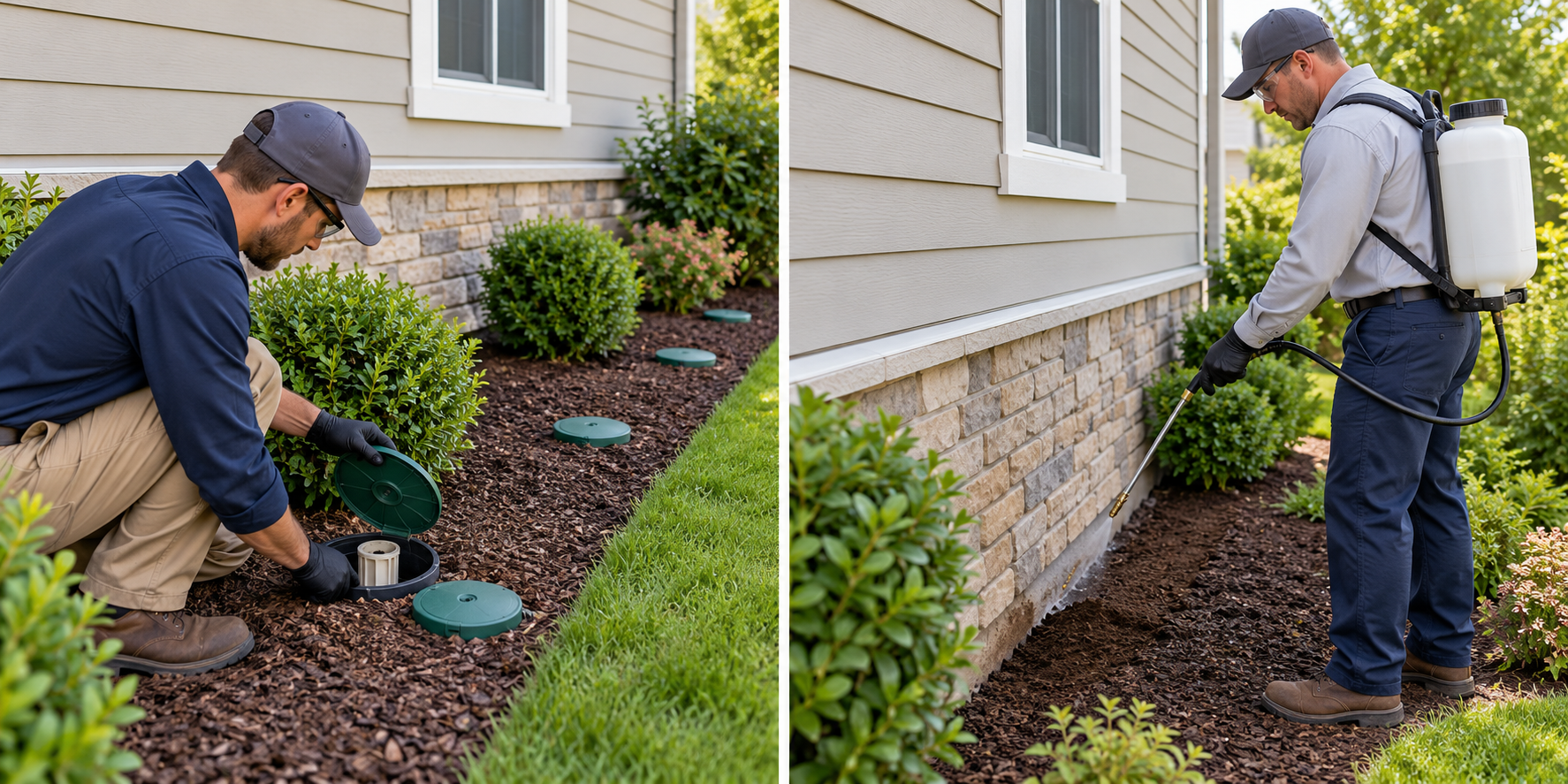 Side-by-side view of professional termite bait-station monitoring and liquid perimeter treatment approaches
