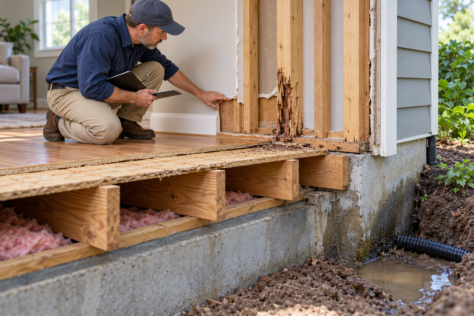 Exposed wall and floor showing finish, framing, and moisture conditions that can create separate repair scopes