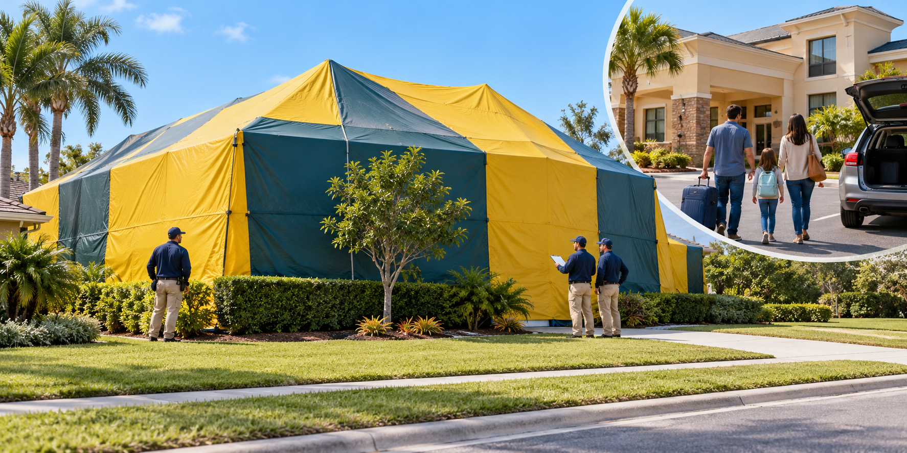 Professionally tented home with a household arranging a temporary stay elsewhere during whole-structure fumigation