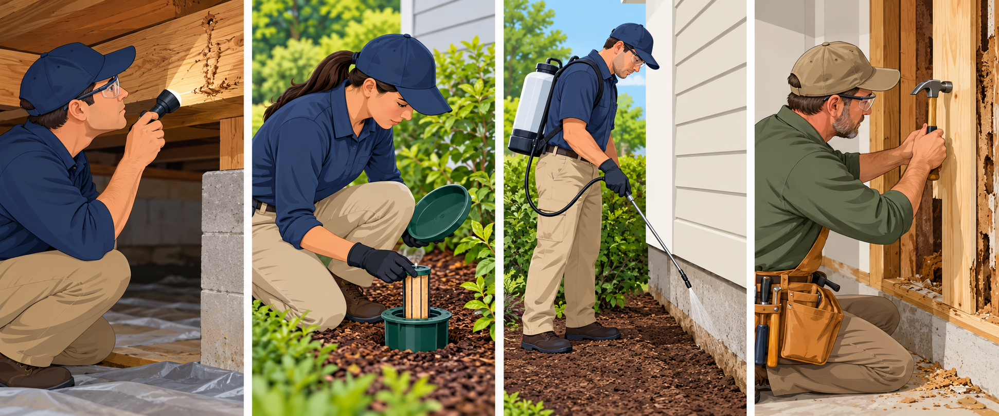 Separate examples of termite inspection, monitoring, retreatment, and wood repair that a protection contract may include
