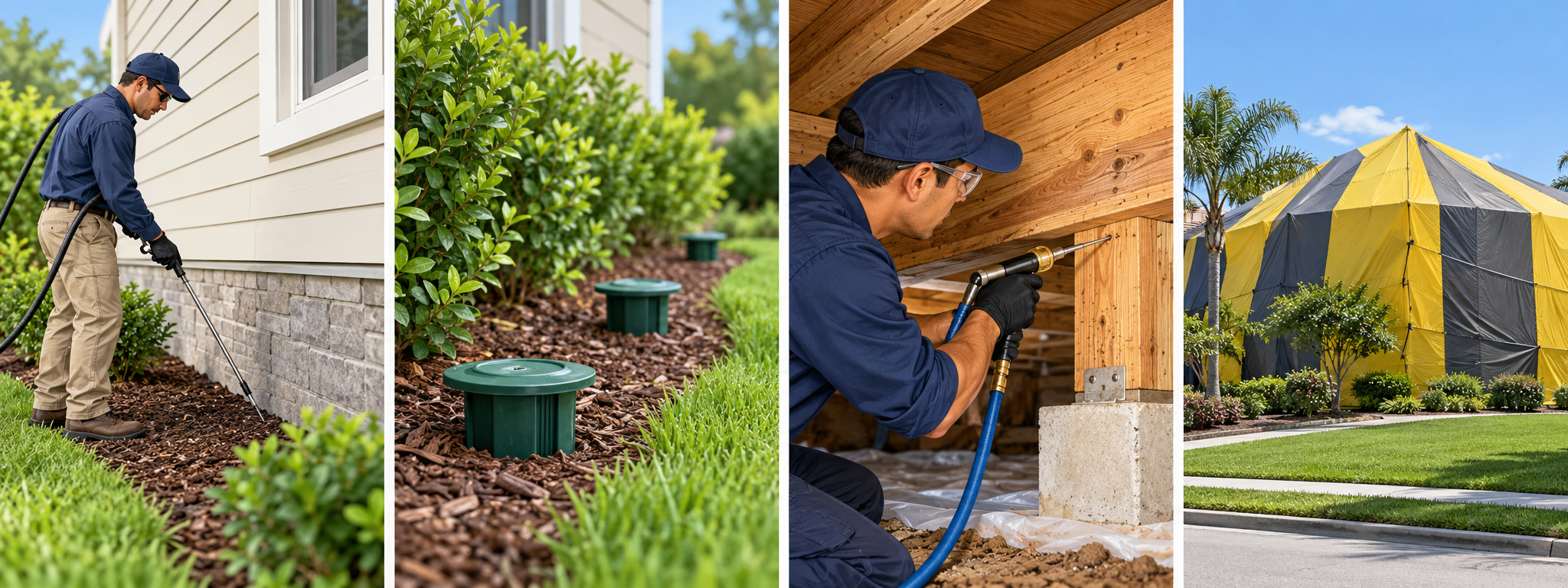 Examples of professional termite treatment approaches, including perimeter treatment, monitoring stations, targeted wood work, and whole-structure fumigation
