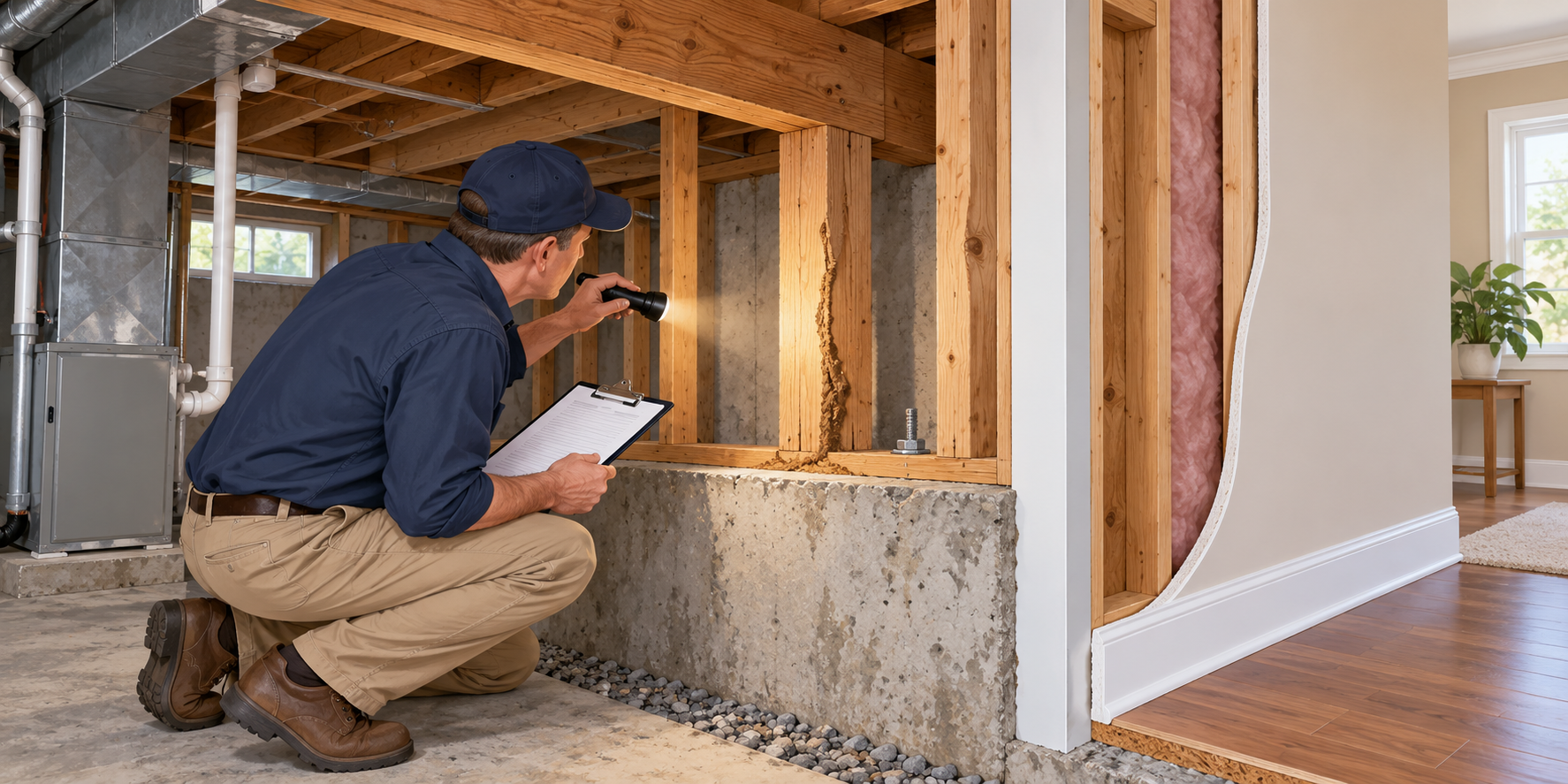 Inspector documenting accessible foundation framing and visible termite evidence beside a concealed wall cavity