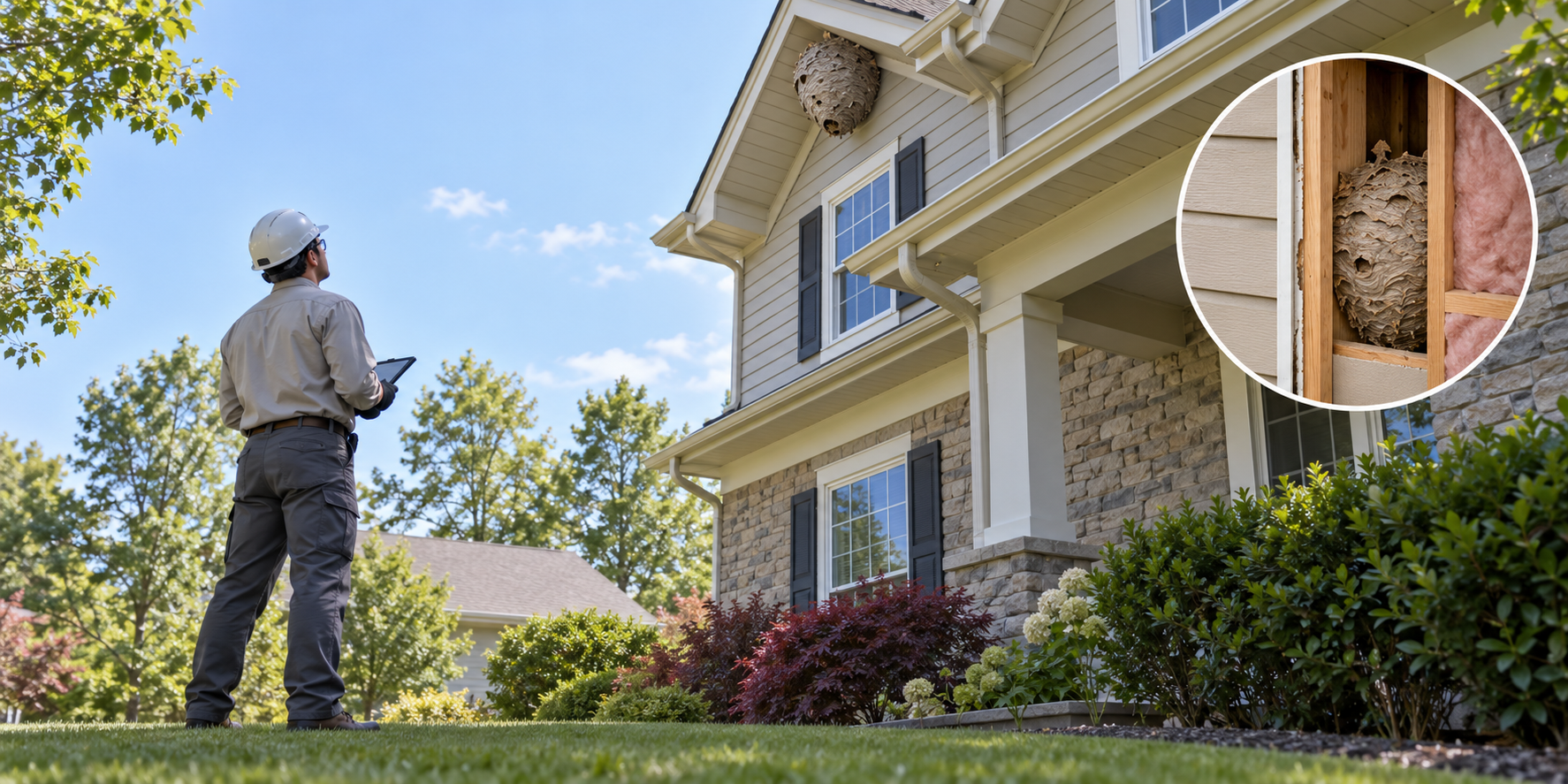 Professional assessing a high roof-eave nest and a separate concealed wall-nest access condition