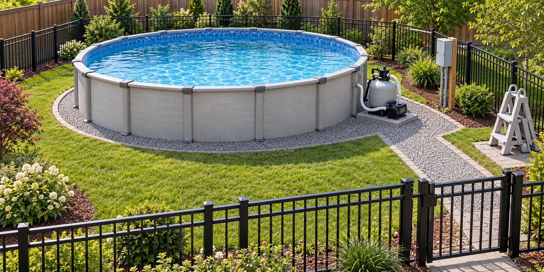 Above-ground pool installation viewed from above, with a prepared base, pump and filter, equipment supply point, access route, and perimeter fence.