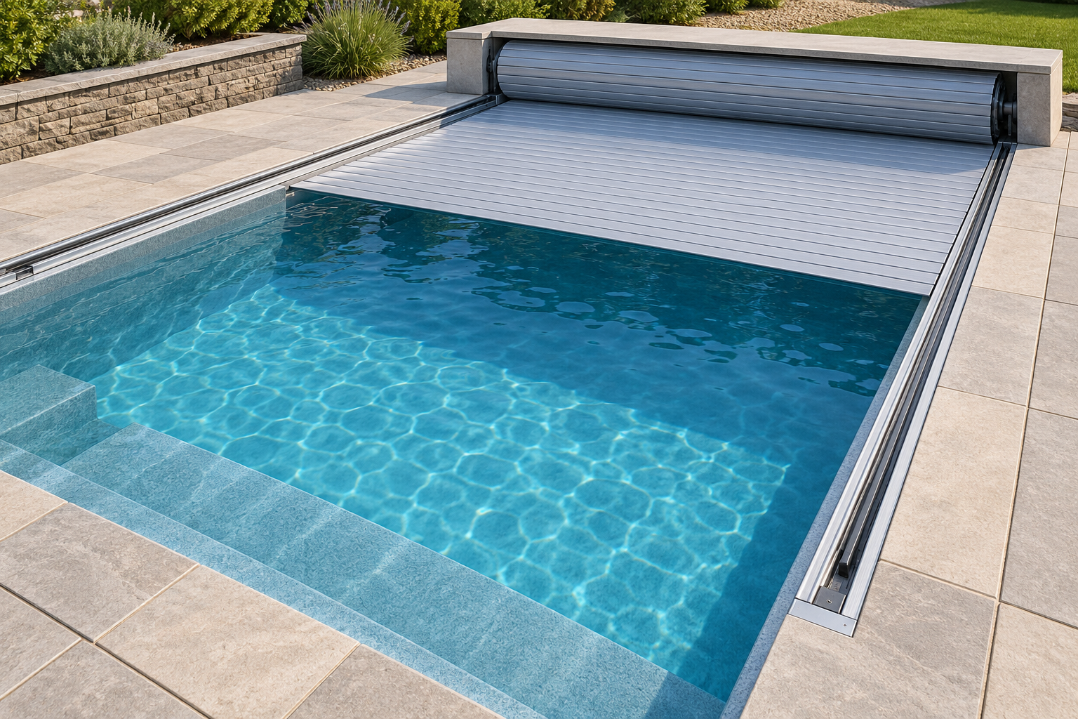 A motorized pool cover partially retracted, with side tracks and the reel housing visible.