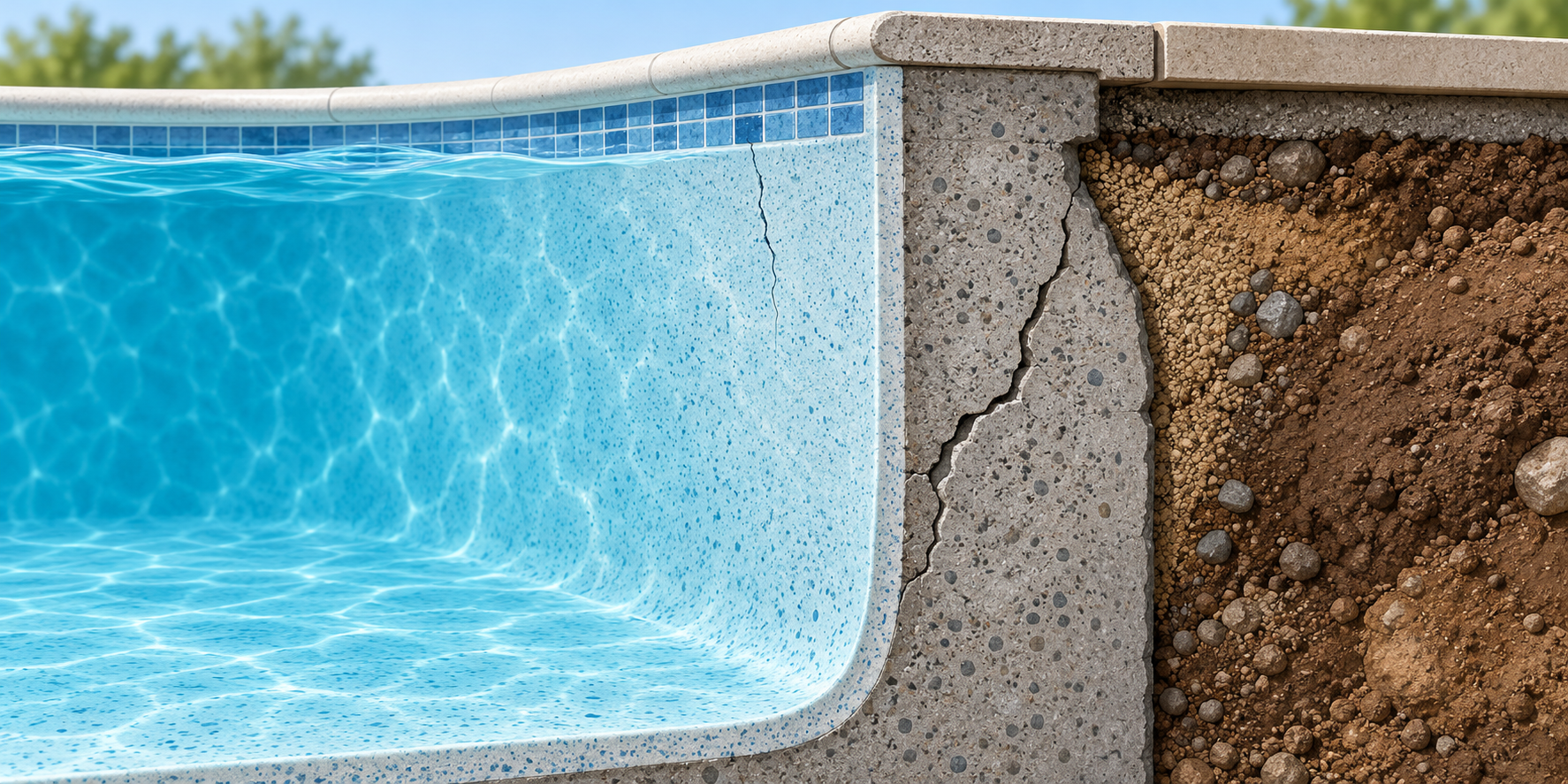 Cutaway view of a concrete pool wall, interior finish, and surrounding soil showing why a suspected crack may need assessment beyond the visible surface.