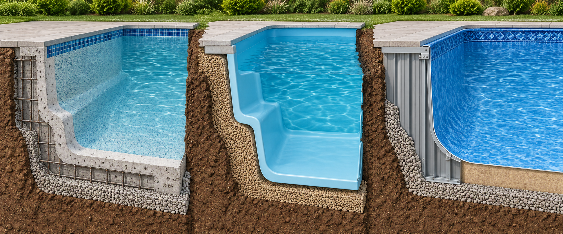 Cutaway comparison of three inground pool construction systems: a site-built concrete shell, a manufactured fiberglass vessel with backfill, and a framed structure with a separate vinyl liner.