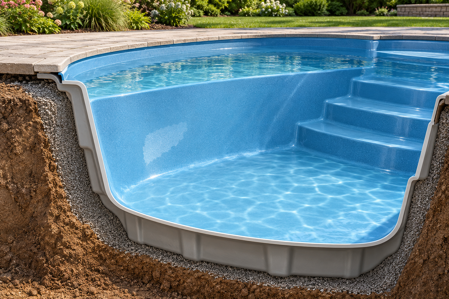 Cutaway view of a one-piece fiberglass pool vessel, its interior surface, molded steps, and surrounding backfill.