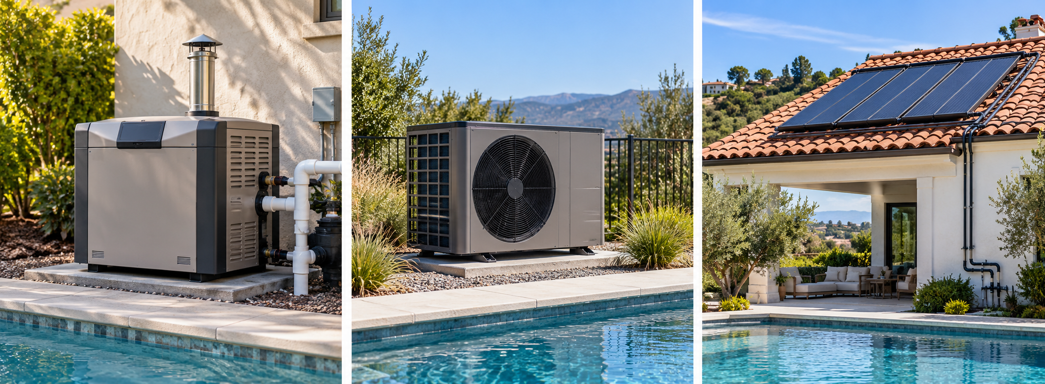 Three pool-heating technologies shown in context: a gas heater, an air-source heat pump, and rooftop solar collectors.