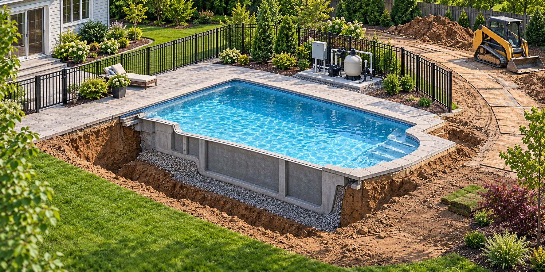 Isometric view of an inground pool construction site, showing the pool shell, excavation, access route, equipment pad, deck, perimeter barrier, and unfinished yard restoration.