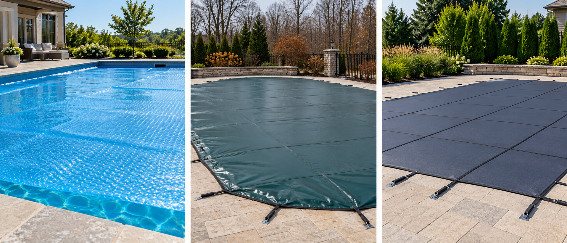 Three distinct pool cover examples: a floating solar cover, a fitted winter cover, and an anchored safety cover.