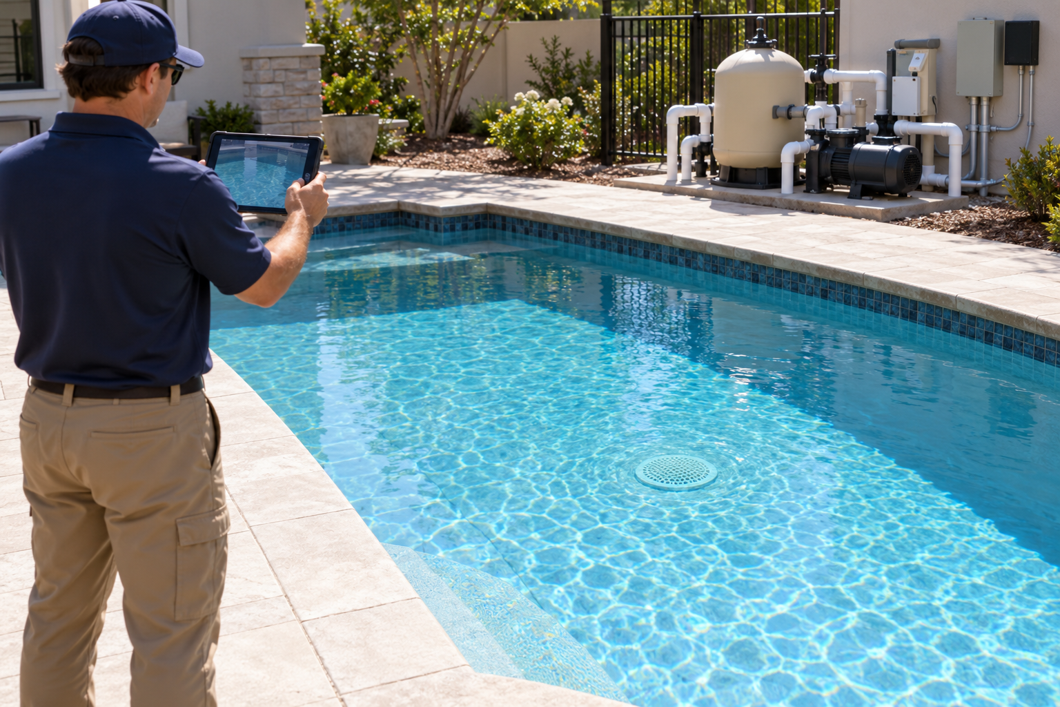 A pool professional documents the installed drain cover and equipment from the deck without touching or modifying the system.