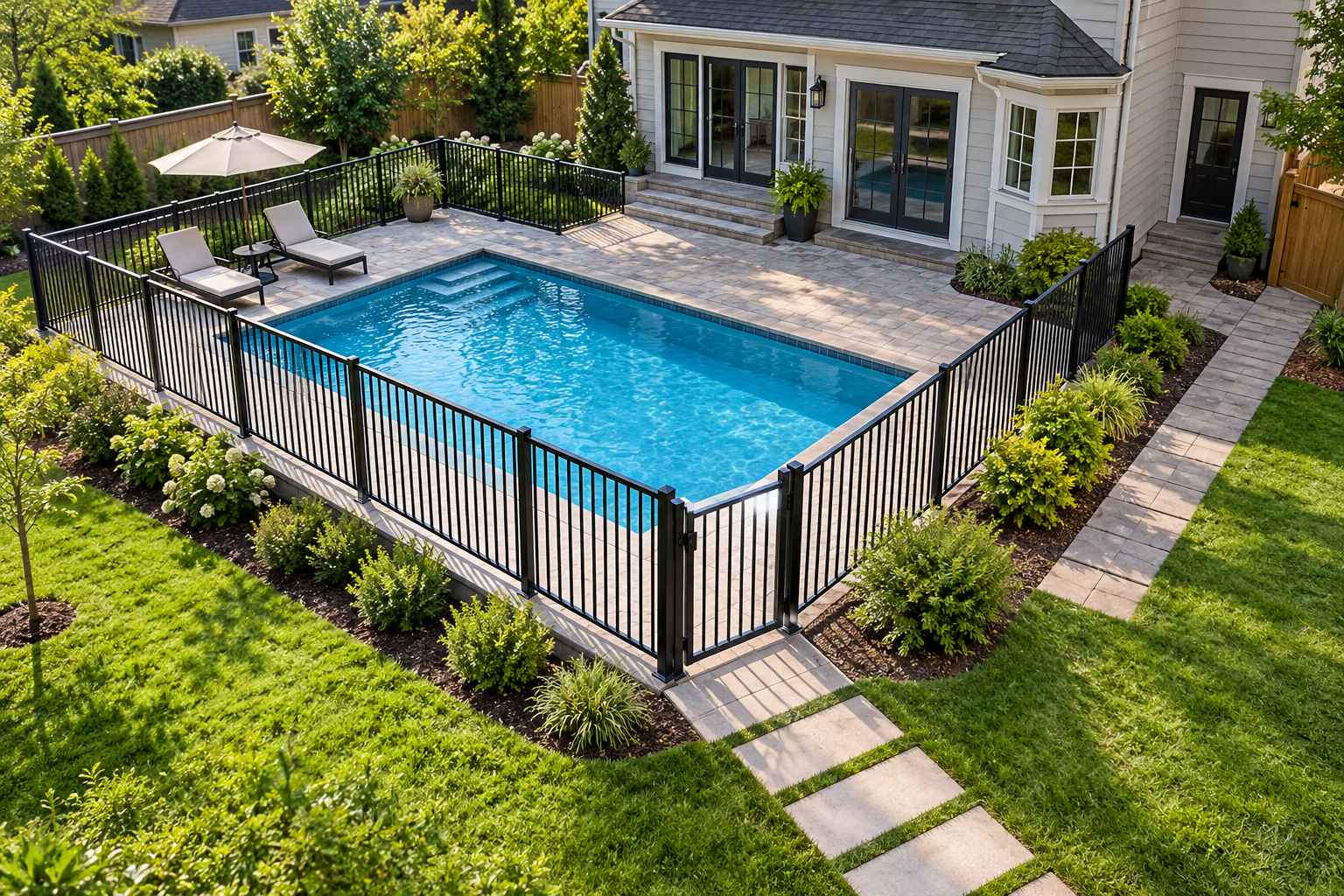 Elevated view of a residential pool separated from the yard by a perimeter fence, with the house and access routes visible.