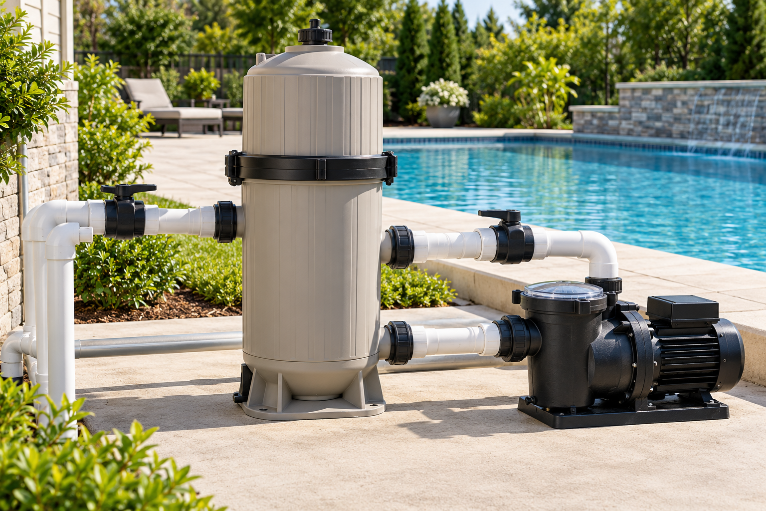 A cartridge-style pool filter vessel connected to pump and pool plumbing through unions and valves.