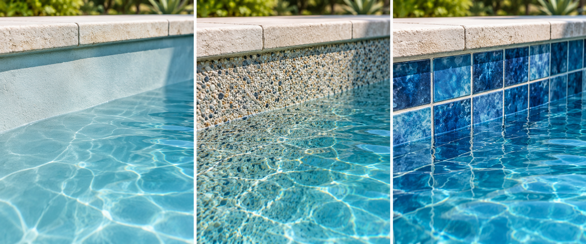 Three pool interior finish examples side by side: smooth plaster, pebble or aggregate texture, and tile.