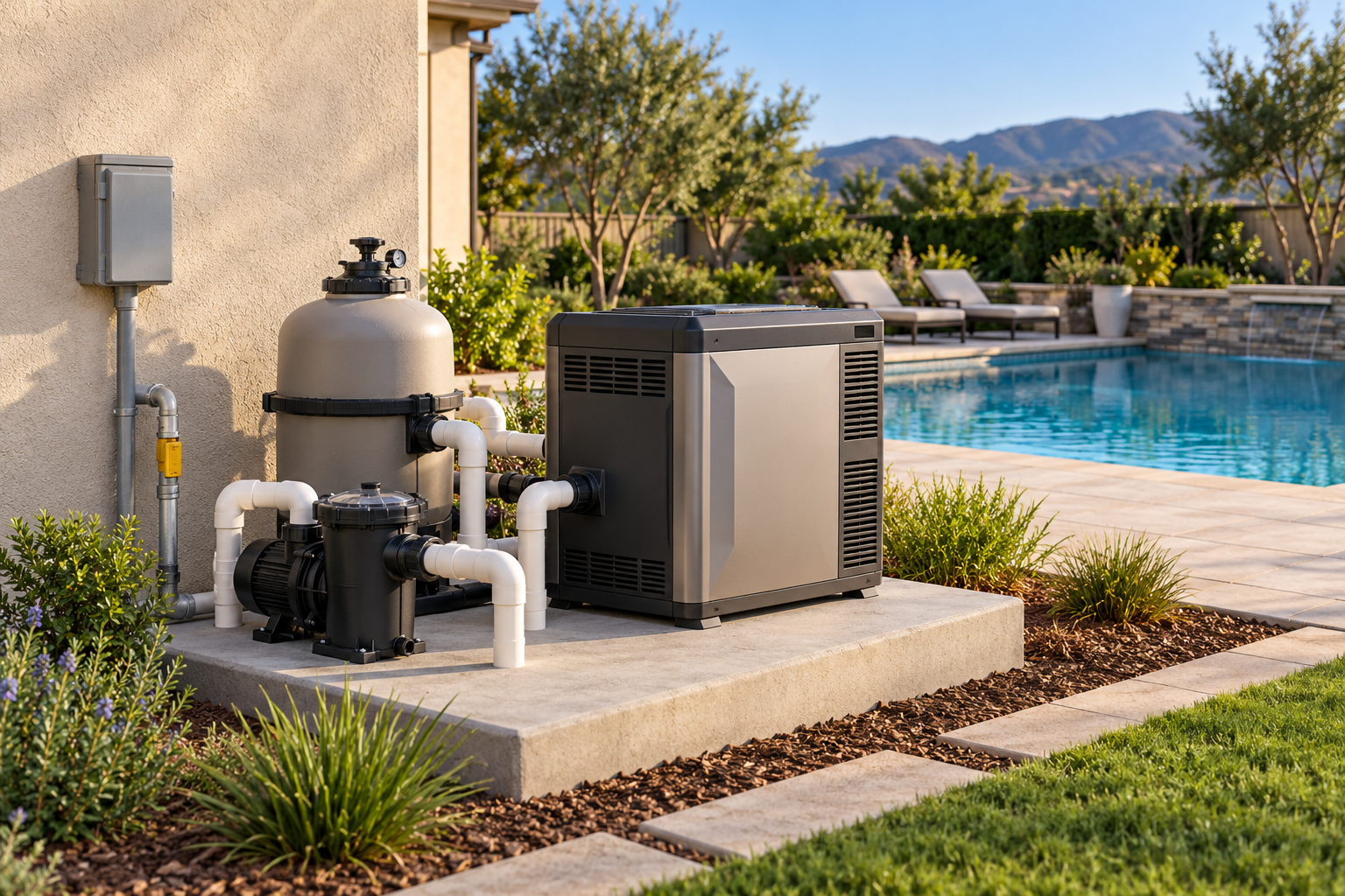 Pool heater positioned on an equipment pad with pump, filter, plumbing, nearby utility interface, and service space.