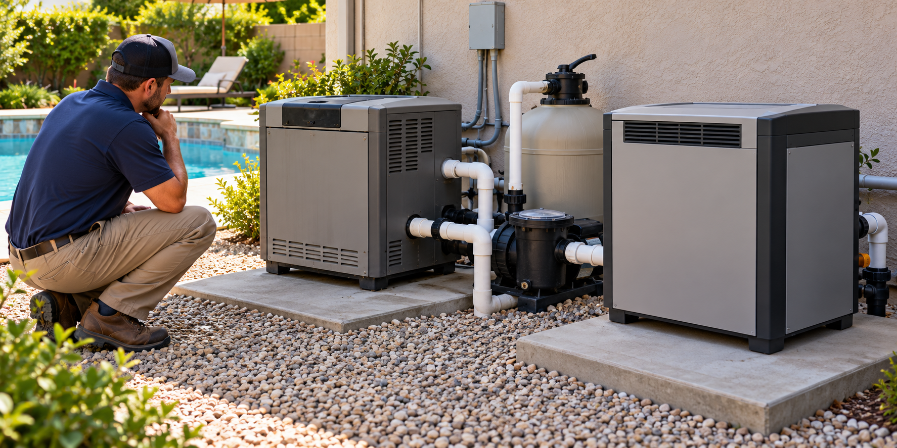 A technician observes an existing pool heater beside a separate replacement unit on an equipment pad.