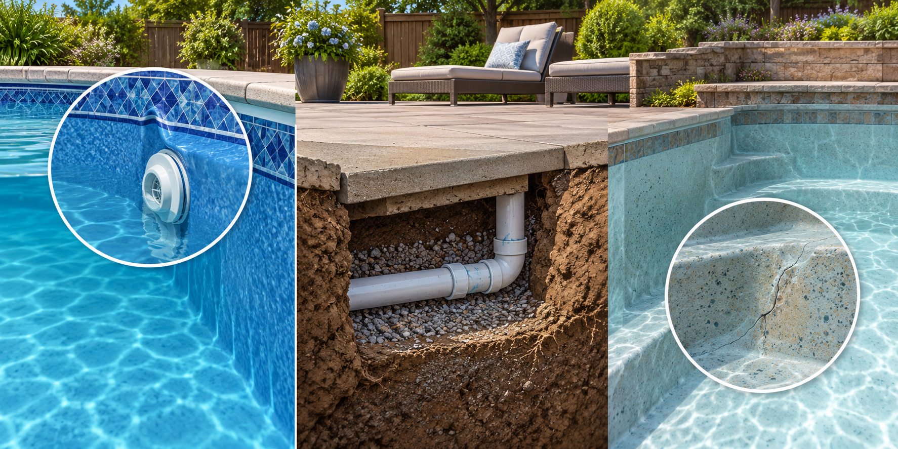 Three possible leak-repair access contexts: a pool-wall fitting, a buried line below a deck, and a shell area that needs specialist assessment.