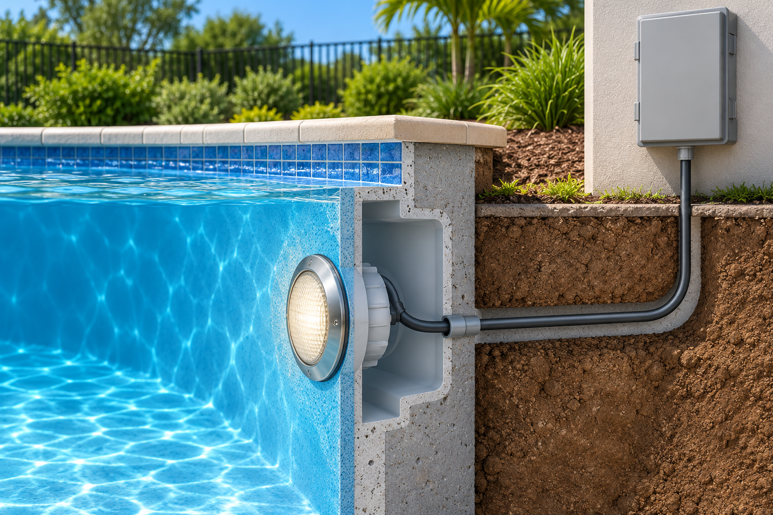 Cutaway illustration of an underwater pool light fixture and niche with a cable leading to a closed outdoor enclosure.