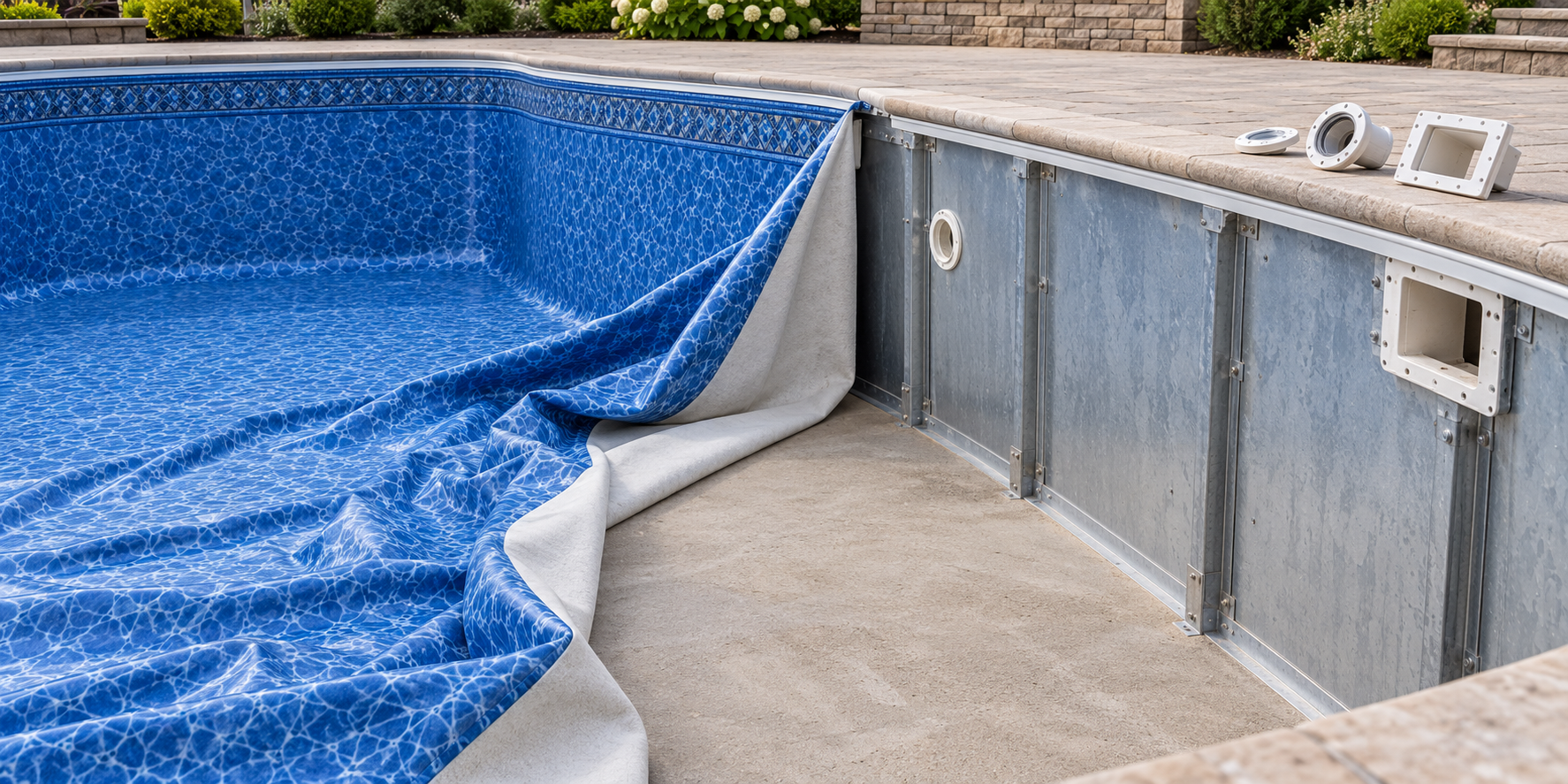 A flexible vinyl liner pulled back from a panel-supported pool wall, revealing the supporting structure, floor, and fittings during replacement.