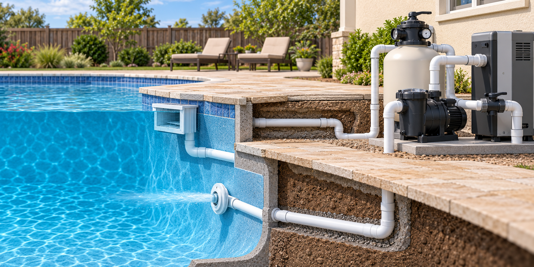 Cutaway illustration of pool plumbing from a skimmer and return fitting through buried lines to an equipment-pad pump and filter.