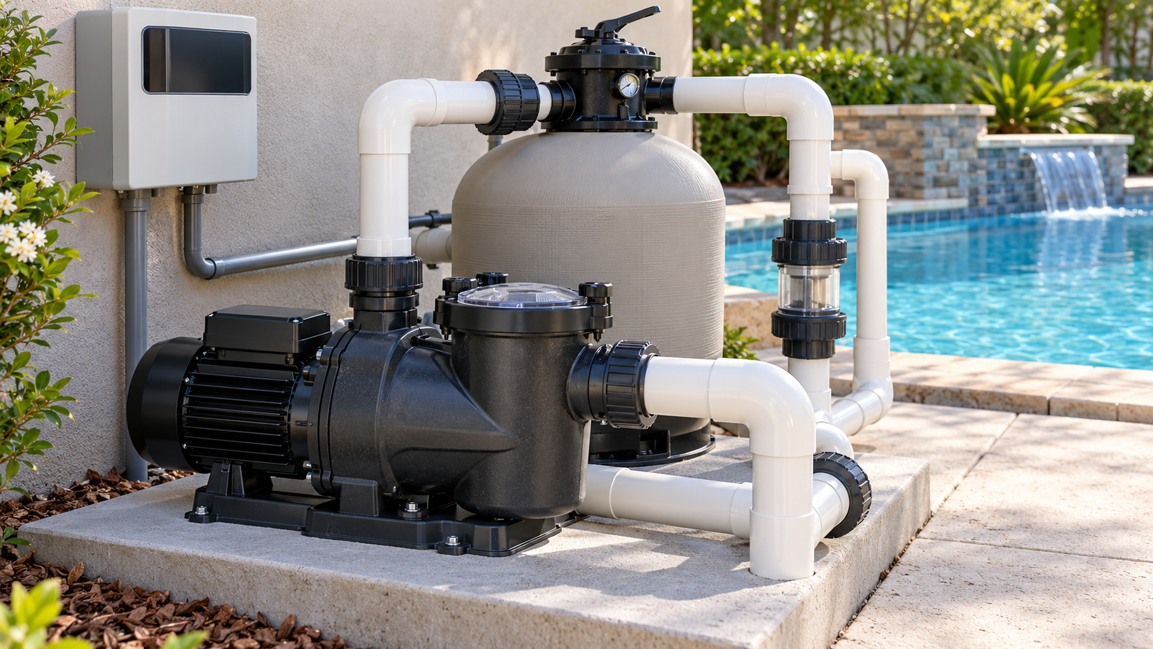 Pool circulation pump connected to a filter, plumbing unions, and a control unit on an equipment pad.