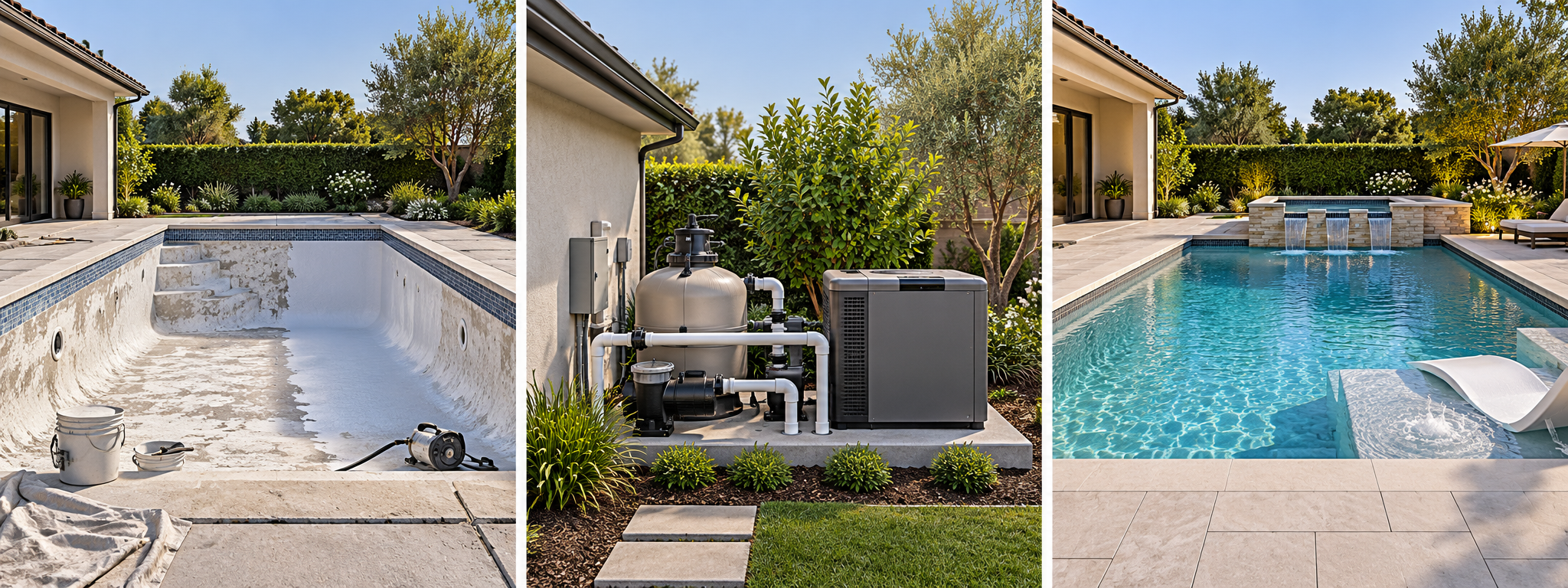 Three pool renovation scopes shown side by side: interior surface work, an equipment-pad update, and a broader pool and deck remodel.