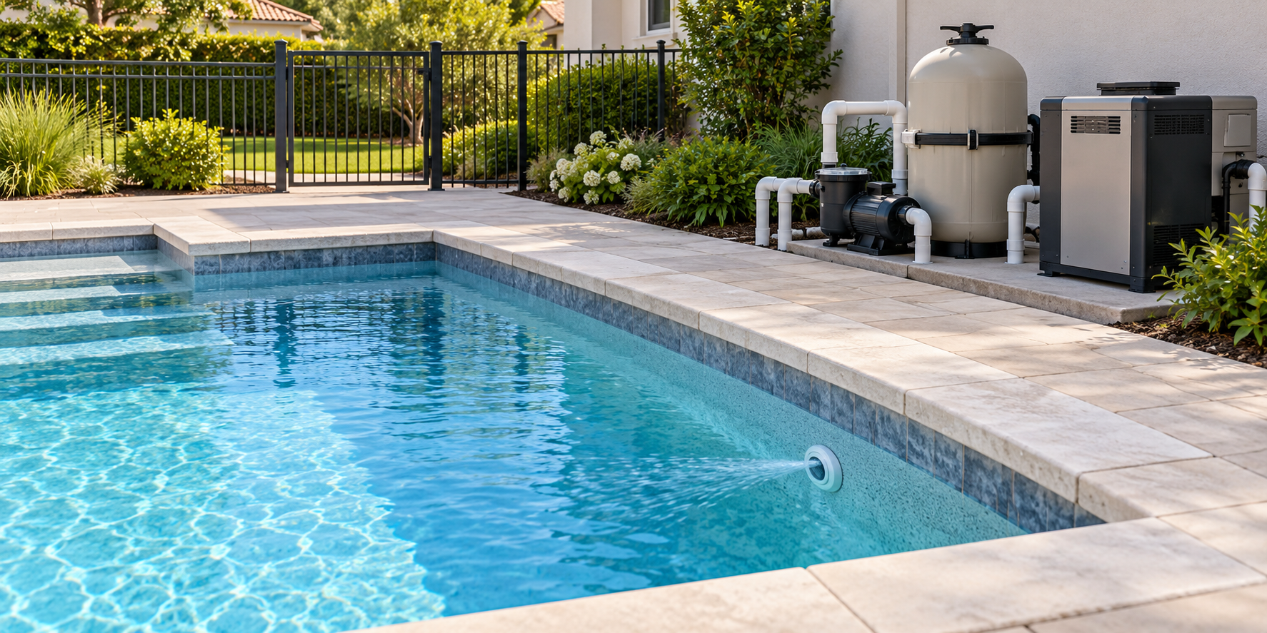 A pool and equipment pad showing several distinct areas that may need assessment, including circulation equipment, return fitting, surface, and barrier.