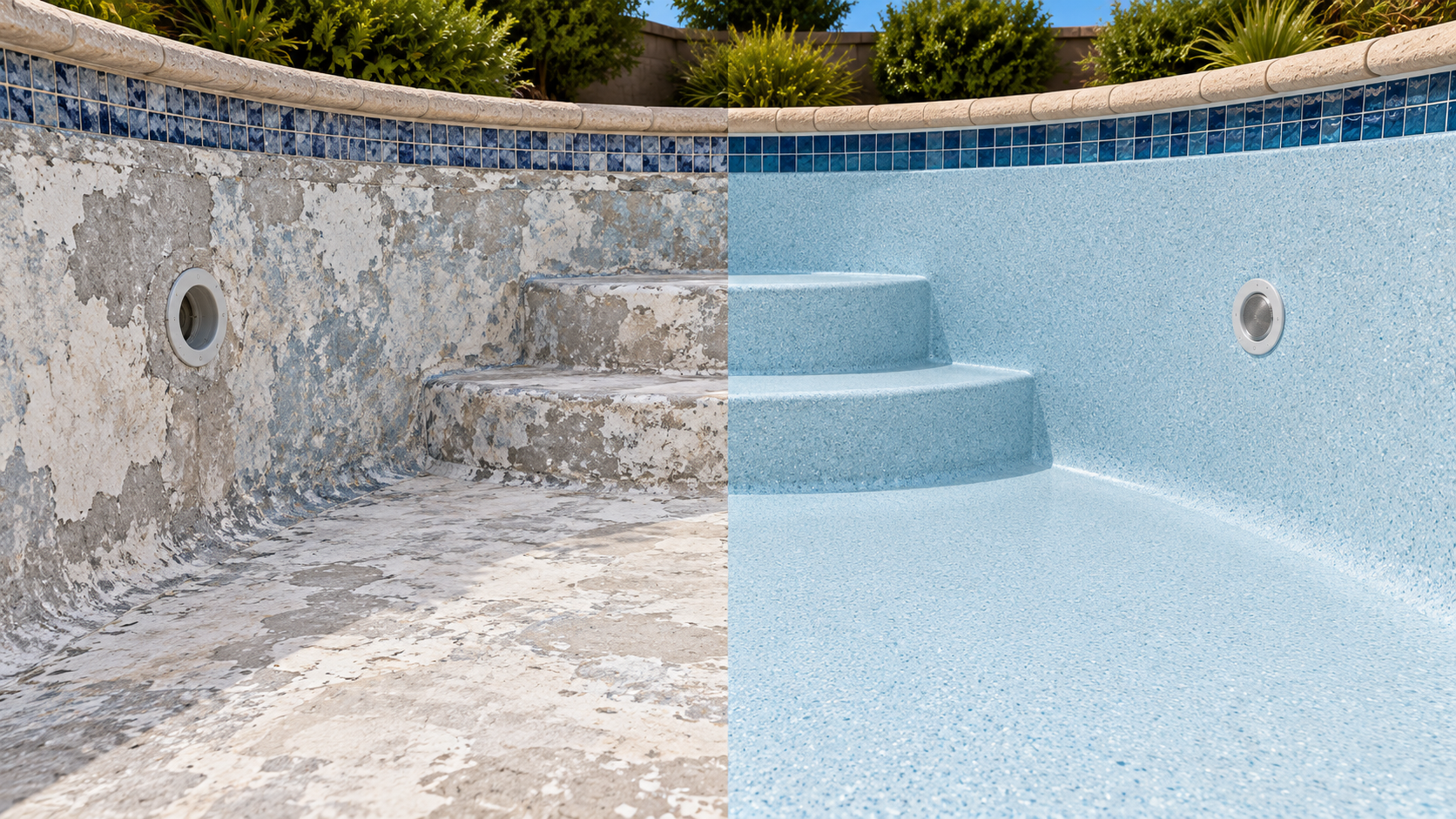 Split view of a pool interior before and after resurfacing, showing the worn surface, renewed finish, and waterline tile.