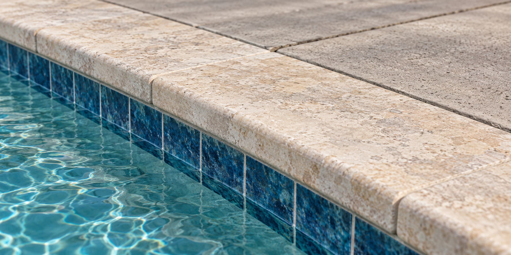 Close view of a pool perimeter showing the separate waterline tile, coping stones, and adjacent deck joint.