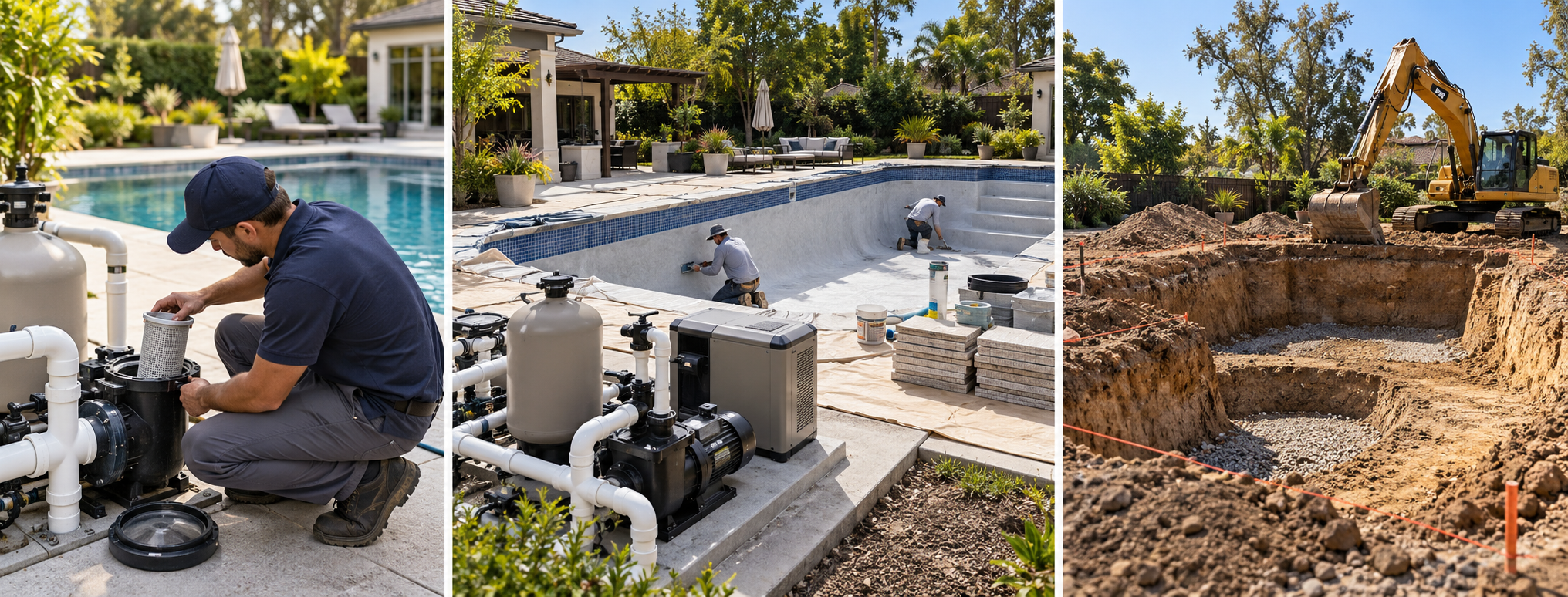 Three pool project scales: an isolated equipment repair, coordinated surface and equipment renovation, and full reconstruction excavation.