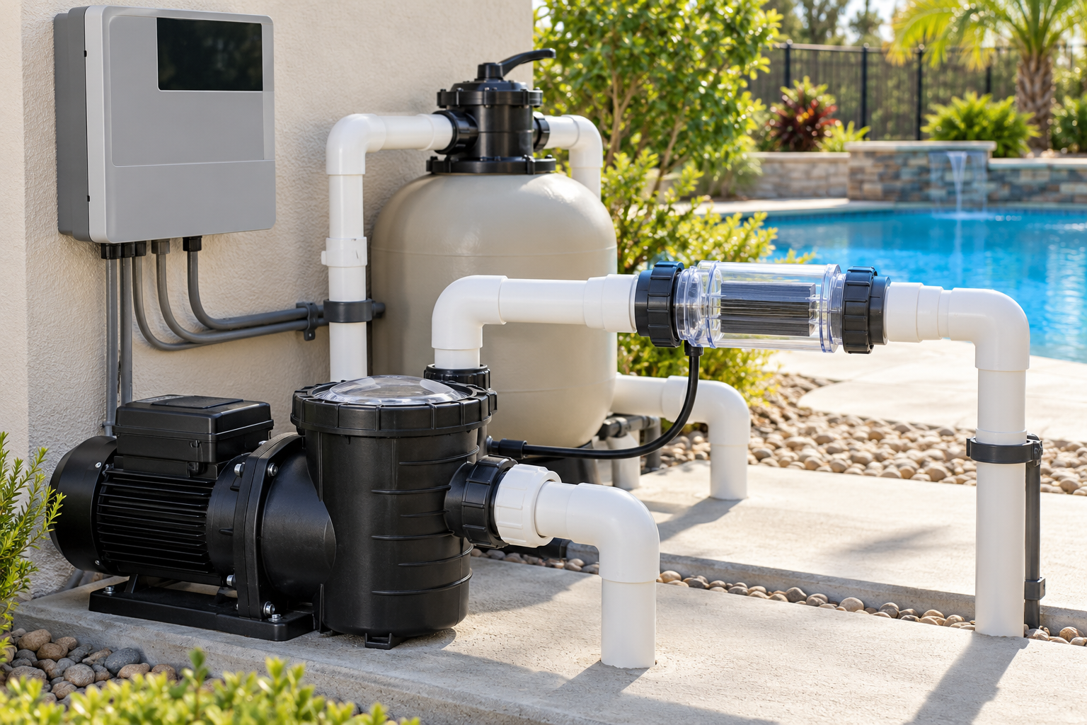Inline salt-chlorine generator cell and controller integrated with a pool pump and filter.