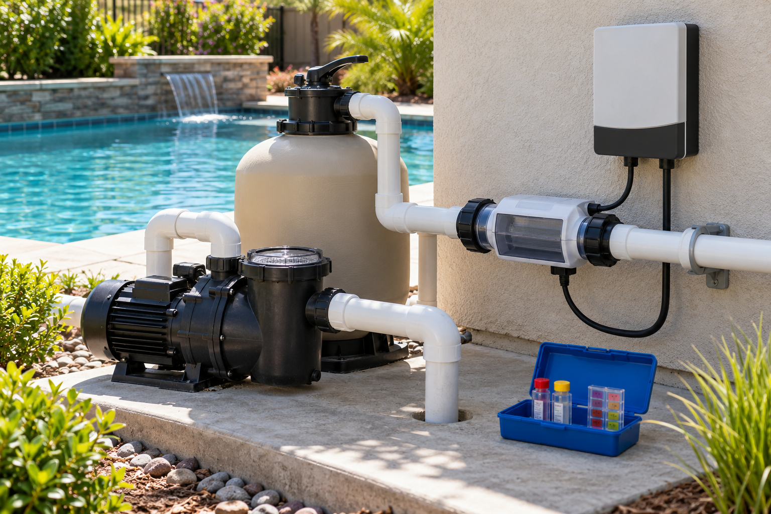 Pool circulation equipment with an integrated inline chlorine generator cell, controller, and water-testing kit.