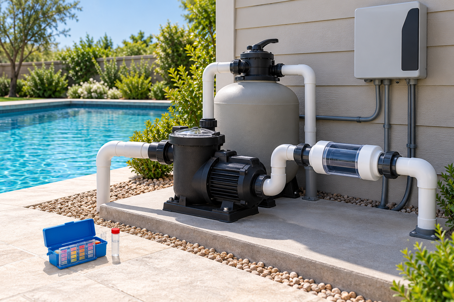 Pool circulation equipment with an inline salt-chlorine generator cell and a water-testing kit, illustrating equipment that supplements rather than replaces routine testing.