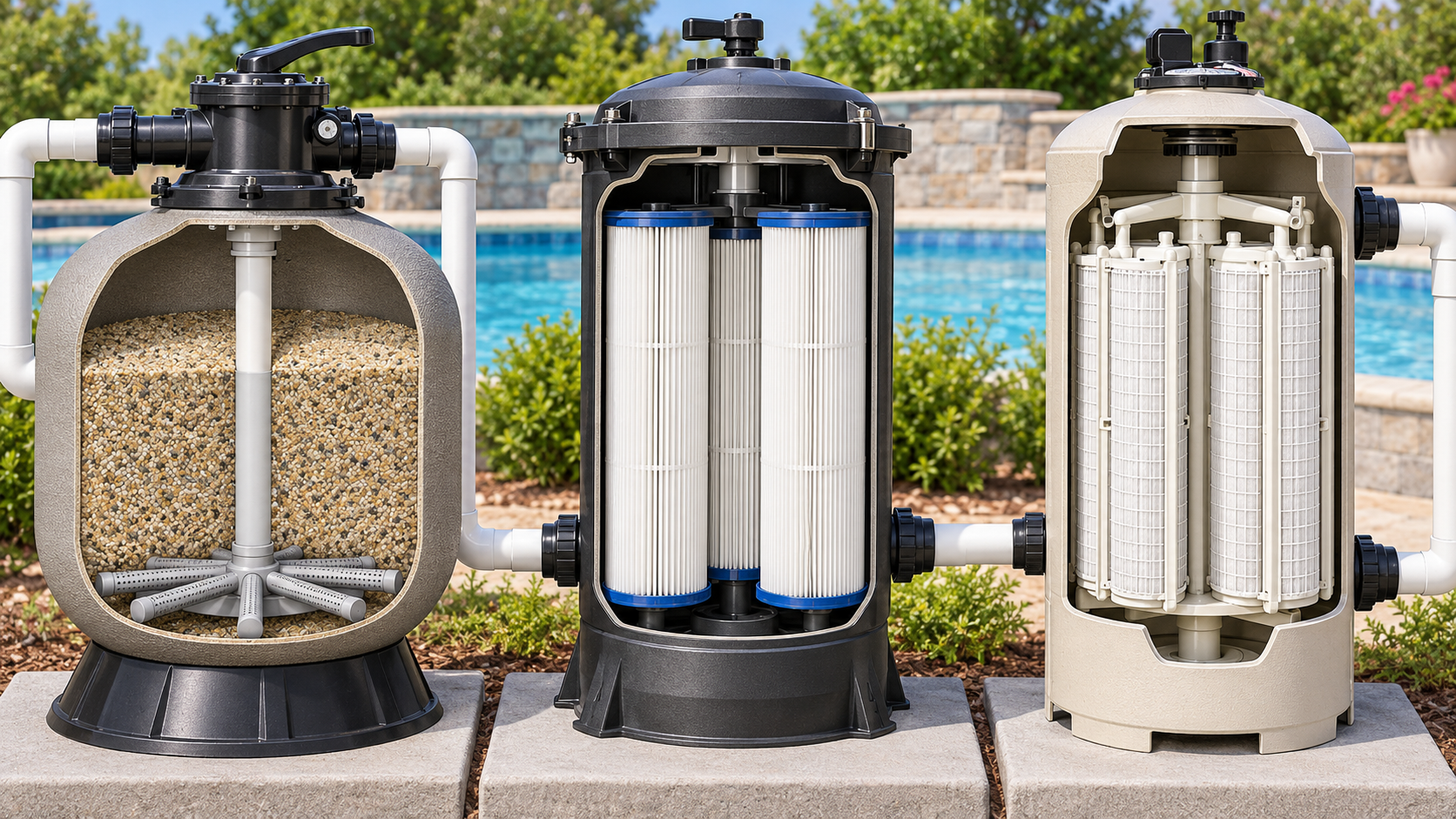 Cutaway comparison of sand media, pleated cartridge elements, and internal filter grids in three pool filter vessels.